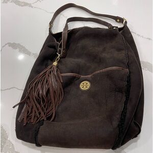 TORY BURCH BROWN SUEDE SHEEPSKIN LINED BAG